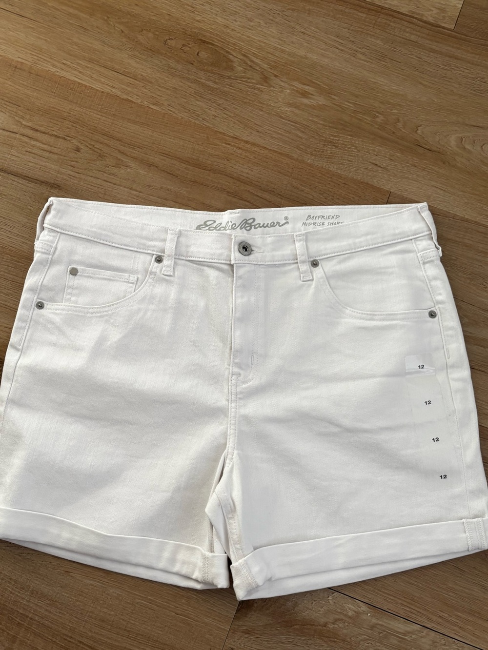 Eddie Bauer Boyfriend Jean Shorts in white denim.